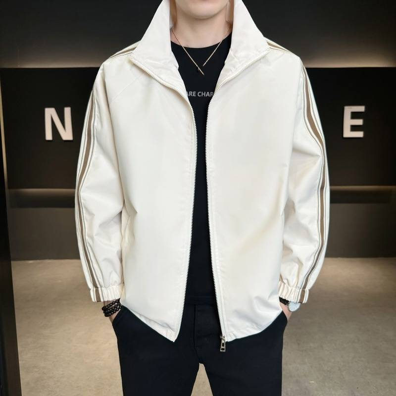 "Trendy Stand Collar Jacket For Youth - Style Lightweight Windbreaker With Rabbit Fur Blend (M-4XL, Black/Sage Green/Beige)"_voghion.com