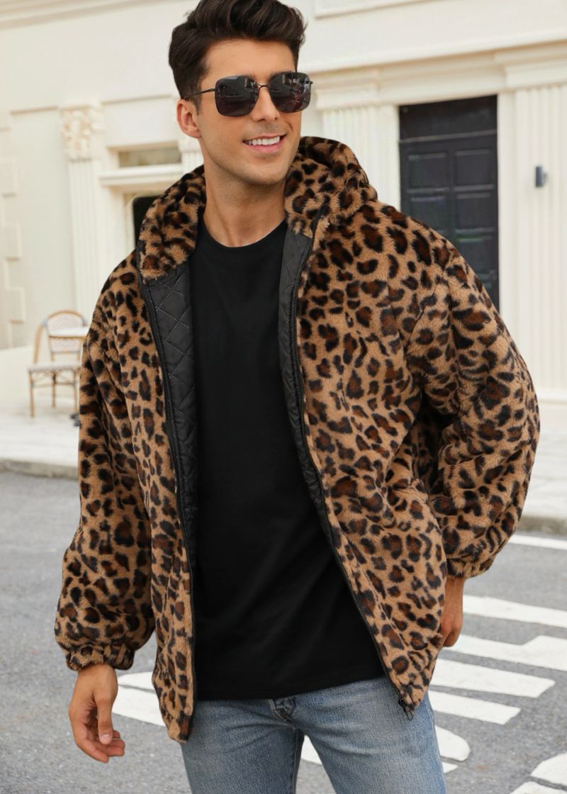Giacca leopardata colorata in pelliccia sintetica più venduta da uomo nel 2025, giacca leopardata calda e spessa in peluche con colori a contrasto_voghion.com