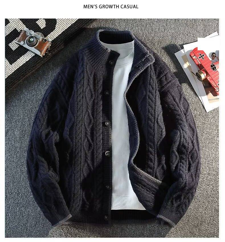 Cardigan da uomo in maglia a trecce con collo alto - Maglione retrò a blocchi di colore per autunno e inverno (blu, caffè, dalla S alla XXXL)_voghion.com