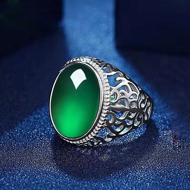 Copper Plated White Gold Ring For Men, Adjustable Opening, Green Chalcedony Black Agate Ring, Men's_voghion.com