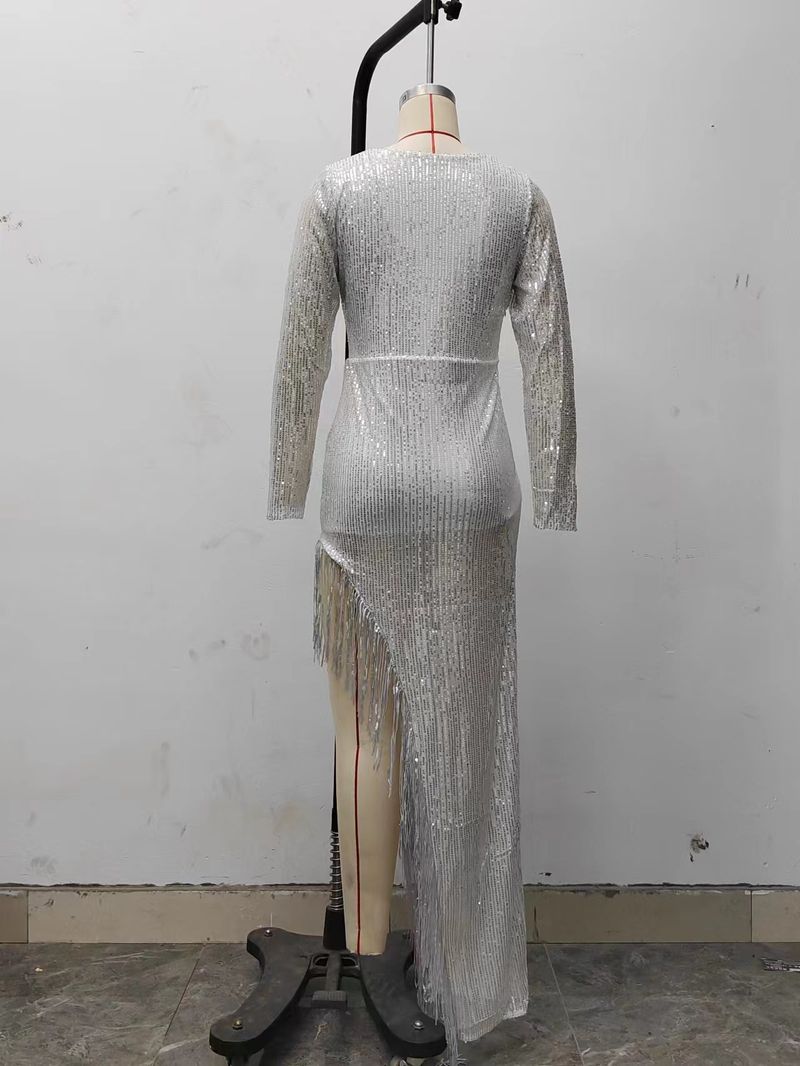 Damenkleeder Quasten Pailletten Taille Hing Déif V Laang Ärmelen A Säiteschlitzer Sexy Asymmetrescht Kleed_voghion.com