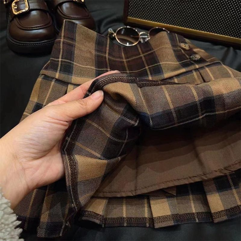 Abbigliamento per bambini abbigliamento per bambini ragazze stile college camicia gilet gonna plissettata completo 2024 gonna scozzese completo tre pezzi_voghion.com