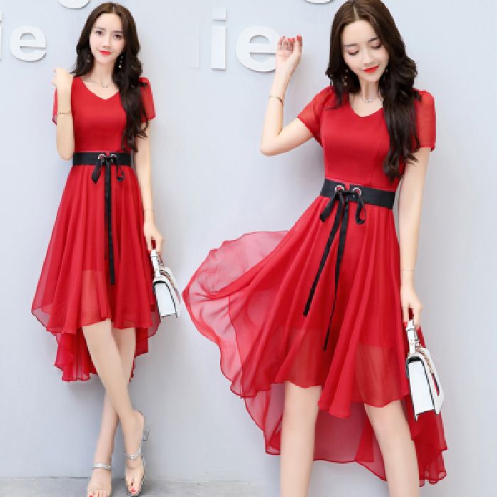Vestito estivo da donna in chiffon sottile, nuovo stile coreano, di media lunghezza, snellente, 2025_voghion.com