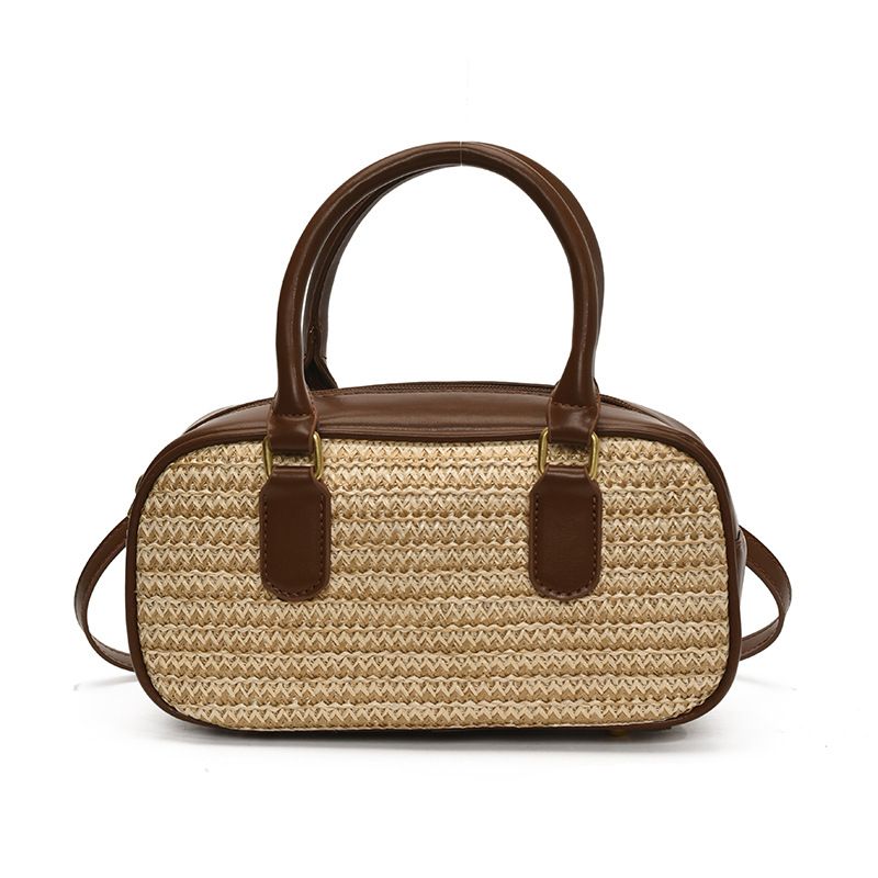 Borsa da donna in paglia intrecciata, piccola, quadrata, borsa a cuscino Boston, borsa a mano con colori a contrasto, borsa a tracolla_voghion.com