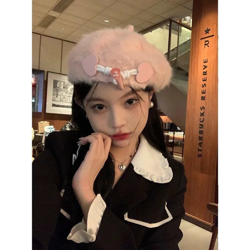 heart-shaped Corner Buckle Rabbit Hair Women's Beret, Winter Big Head Circumference, Modify The Face 2025 New_voghion.com