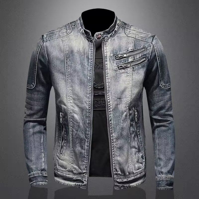 Veste de moto décontractée en jean pour homme, grande taille, col montant, fermeture éclair, adaptée à toutes les saisons_voghion.com
