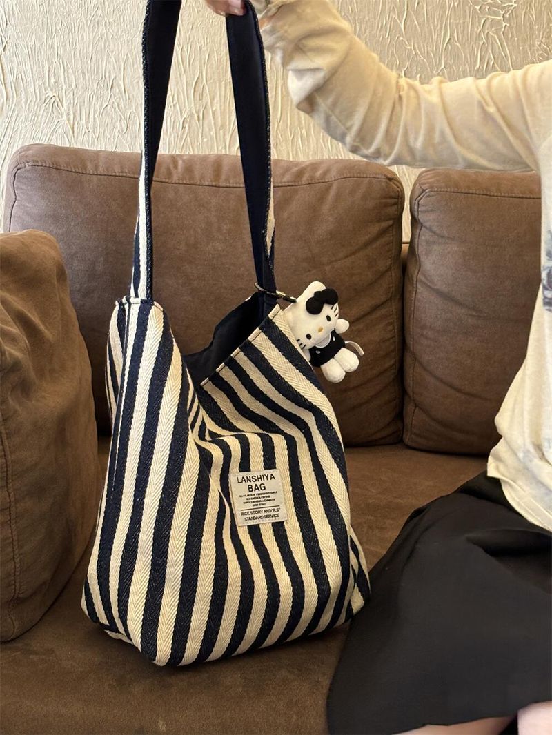 Sac à main en toile double face pour femme, grande capacité, décontracté, à rayures, à la mode, pour les déplacements_voghion.com