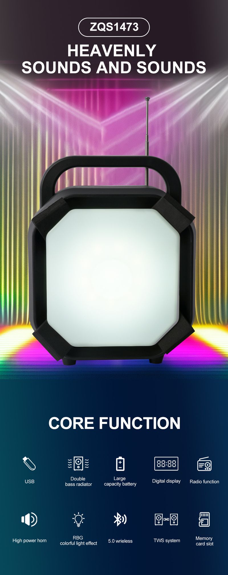 ZQS1473 Solární nabíjení Venkovní kempingové LED osvětlení Bezdrátové nabíjení Bluetooth Malý reproduktor_voghion.com