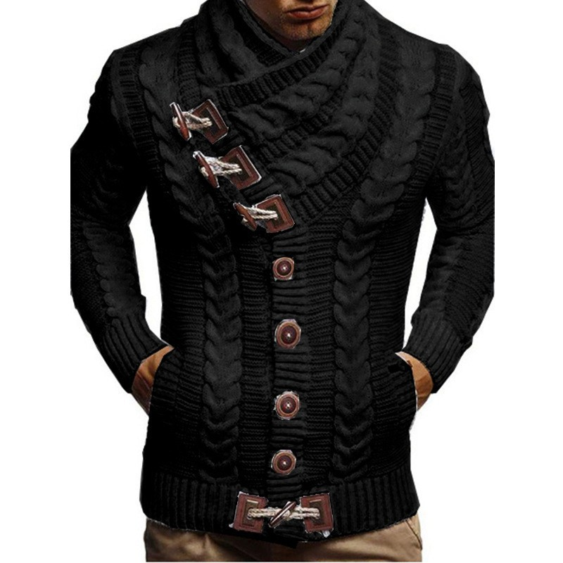 Autumn and Winter New High Collar Cow Horn Leather Button Sweater Men's Knitted Cardigan Top Clothes_voghion.com