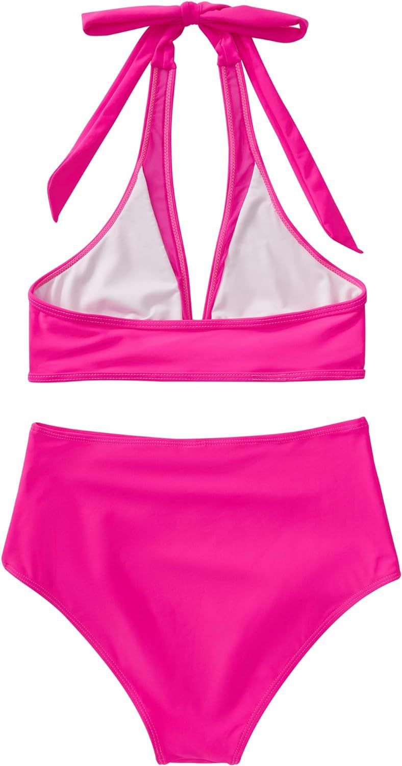 Maillot de bain une pièce sexy ajouré couleur unie, maillot de bain une pièce en maille épissée, taille haute, décolleté plongeant_voghion.com