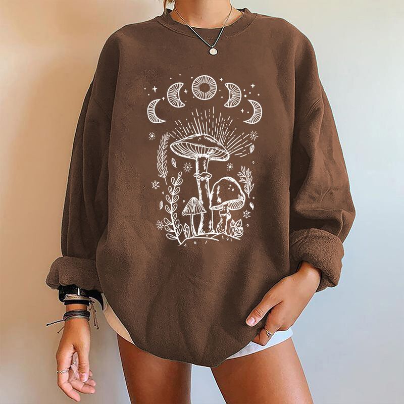 Women's off-the-shoulder long-sleeved sweatshirt mysterious printed fleece top_voghion.com