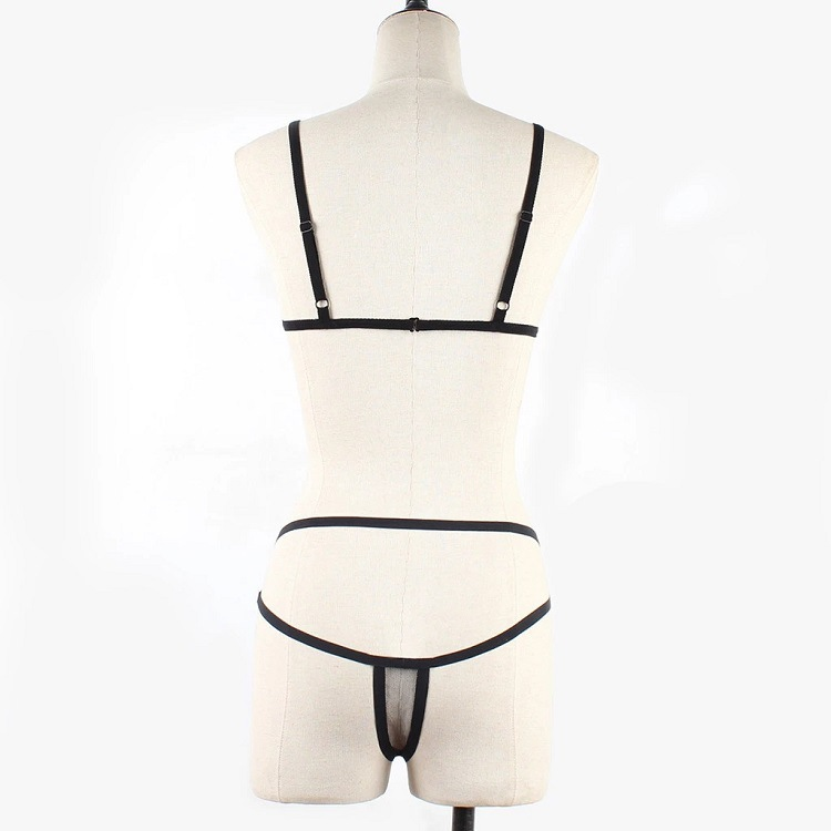Damen Sexy Unterwäsche Frauen Sexy Dreipunkt-Mesh-Perspektive Schnür-BH Unterwäsche Zweiteiliges Set_voghion.com