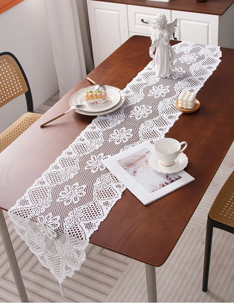 White Lace Table Runner With Tassels 72 Inch Boho Dining Table Decor Farmhouse Wedding Party Lightweight Washable Fits 6-8 Seater Table_voghion.com
