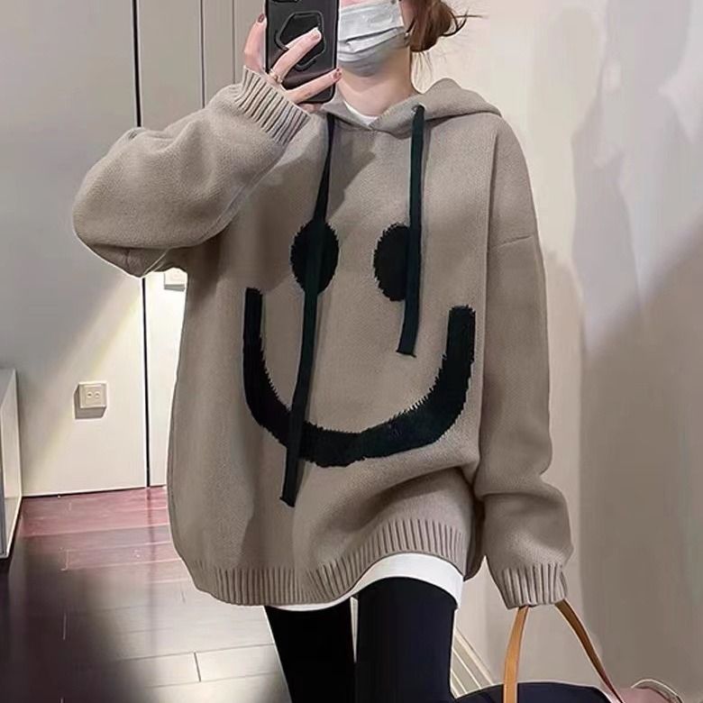 Oversized Hooded Knit Sweater For Women - Black & Beige Contrast Color Pullover, Cozy Lazy Aesthetic Fall Winter Casual Top_voghion.com