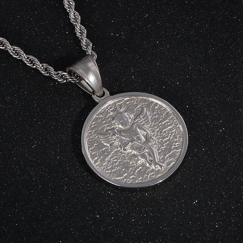 Collana unisex in acciaio al titanio con ciondolo ad anello con piccolo angelo, in acciaio inossidabile 316L, da uomo e da donna_voghion.com