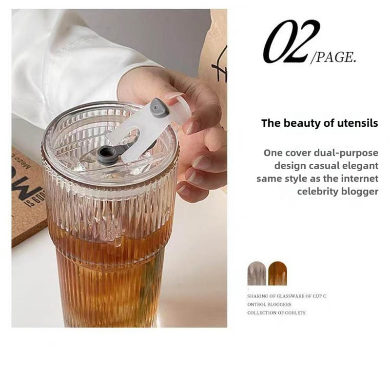 600ML Stripe Glass Coffee Cup With Straw Lid For Milk Tea Juice Breakfast Mugs Drinkware Travel Drinking Water Bottle Ho_voghion.com