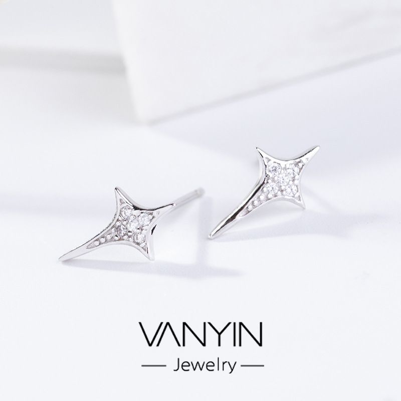 Orecchini a forma di stella a quattro angoli Wanying S Argento puro Edizione coreana Semplice e personalizzato Versatile Internet Red Jewelry_voghion.com