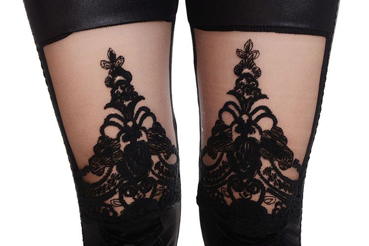 Pantaloni da donna Ricami in pizzo stile punk in pelle con giunture in pelle a nove punte leggings in pizzo sexy_voghion.com