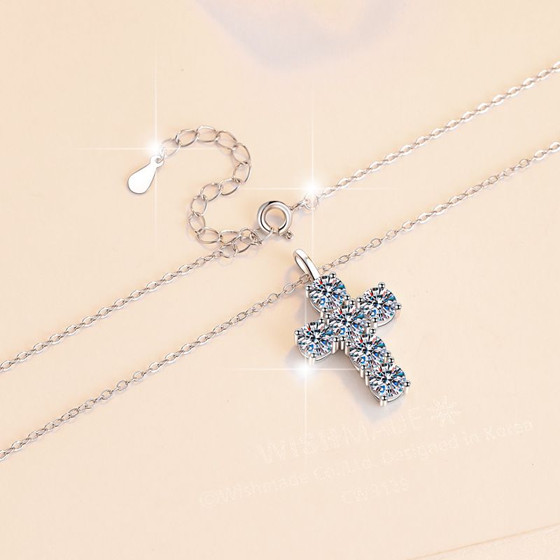 Collana con ciondolo a croce in moissanite da 3 carati, catena dritta in argento sterling con clavicola_voghion.com