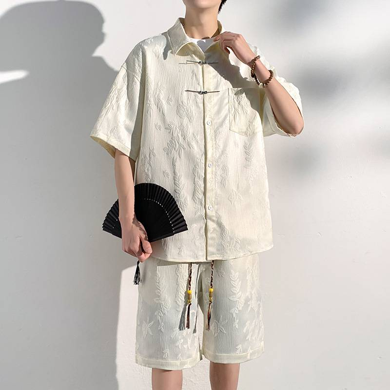 Traje de dos piezas de cinco puntos con cordón trenzado para hombre Traje holgado informal para hombre_voghion.com