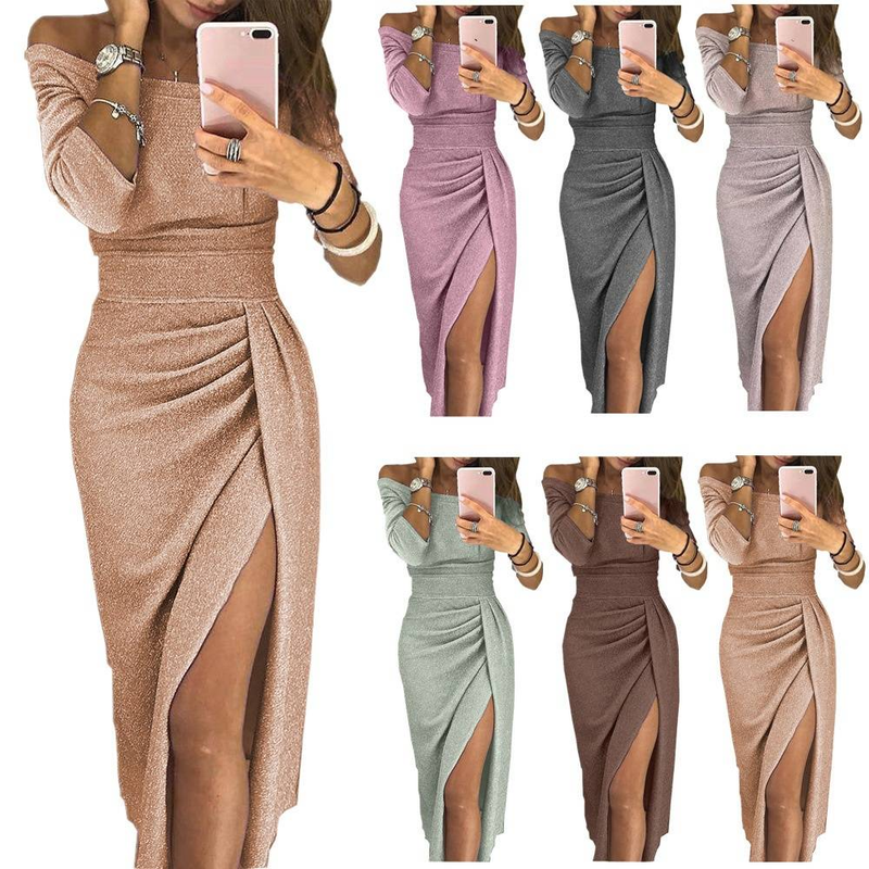 Women's Clothing Hips Slit One Line Neck Dress Sparkling Dress Dress Evening Dress_voghion.com