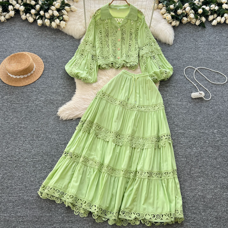 Women's Clothing Palace Style Two Piece Suit For Women Temperament Short Lapel Lantern Sleeve Top + High Waist Lace Patchwork Skirt_voghion.com