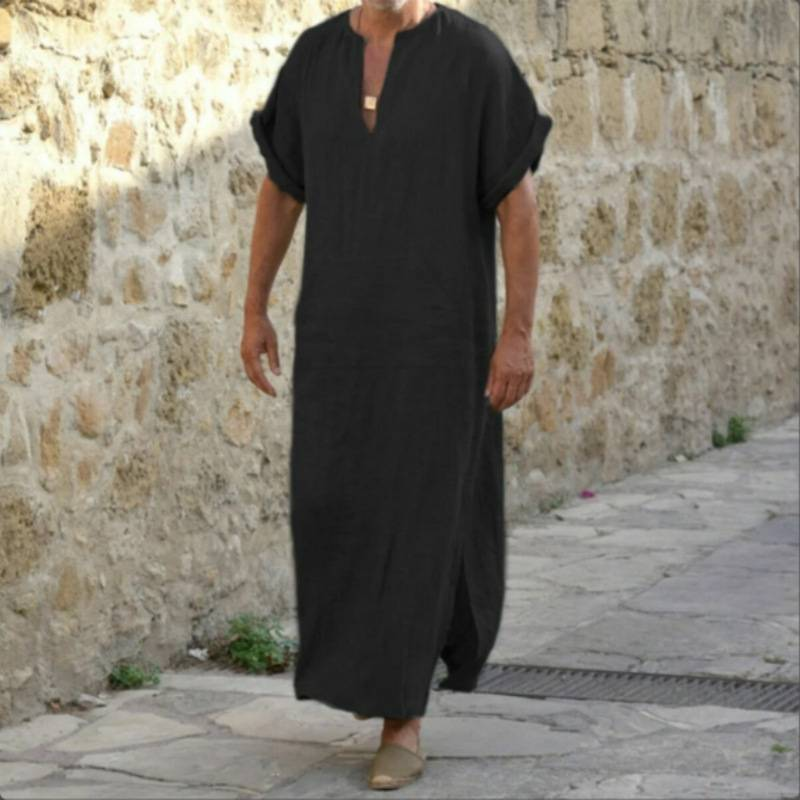 Robă cu mâneci scurte de culoare solidă pentru bărbați caftan islamic musulman Jubba Thobe Robe musulmană caftan casual Dubai Arabia Saudită Abaya Robe 5XL_voghion.com