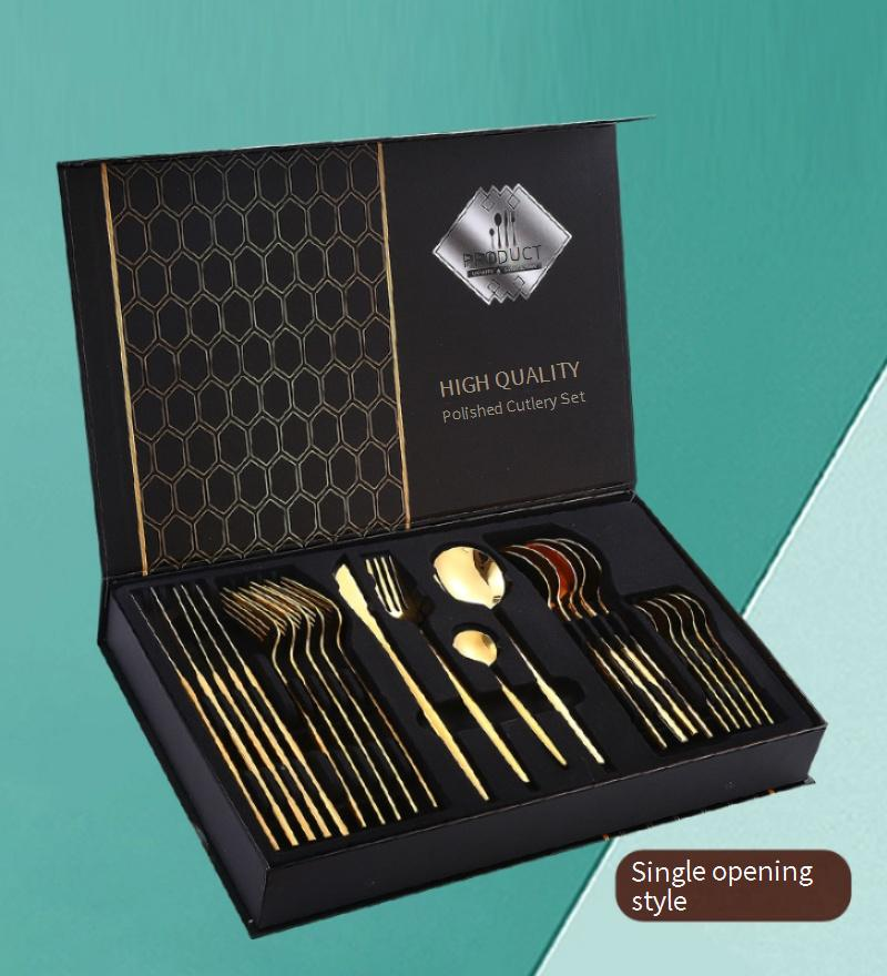 Juego de cubiertos de acero inoxidable de 24 piezas: cuchillos, tenedores y cucharas para carne, en una elegante caja de regalo._voghion.com