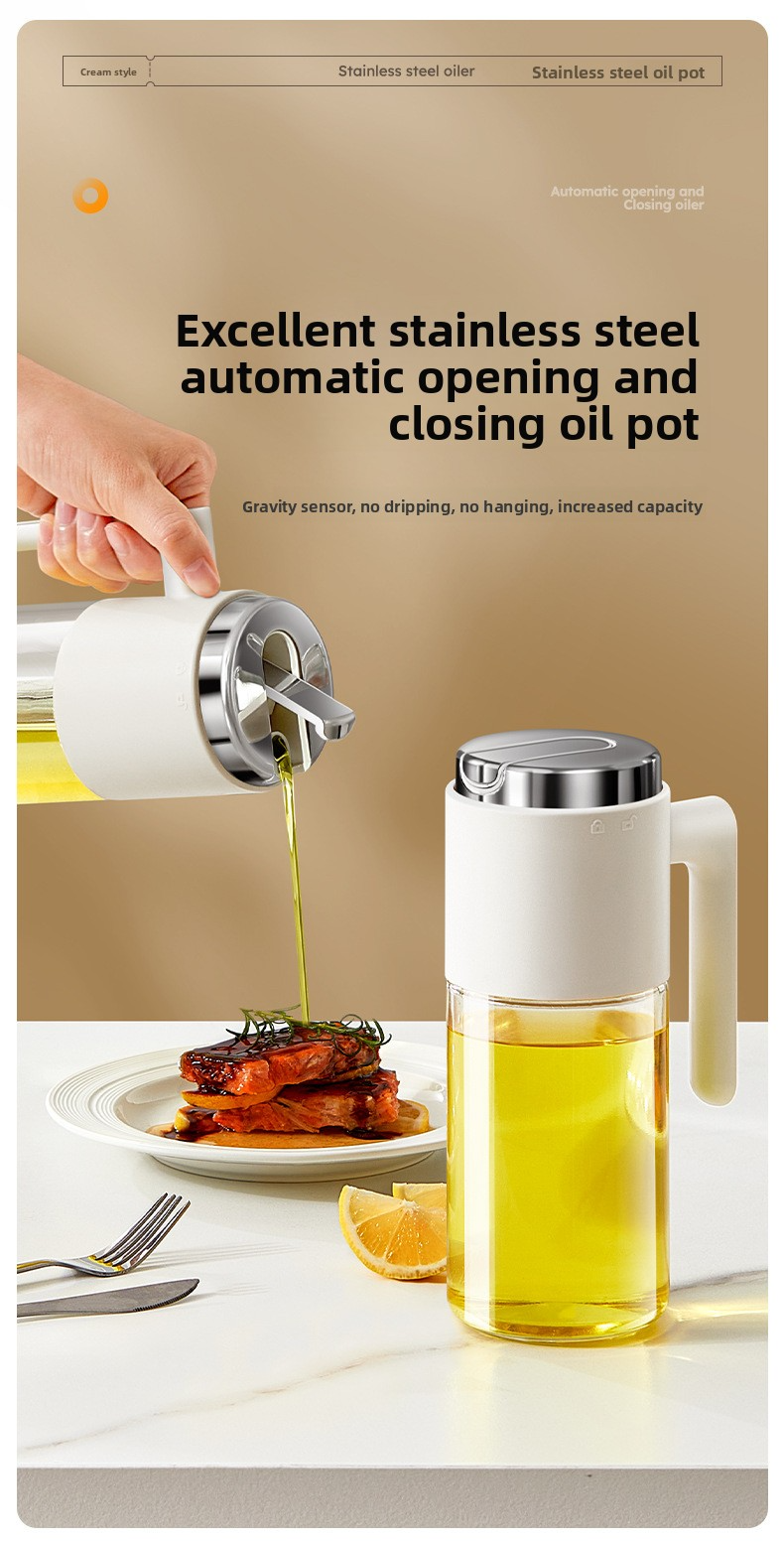Garrafa dispensadora de óleo de vidro com tampa de aço inoxidável com abertura automática – Garrafa de cozinha à prova de vazamentos para óleo, vinagre e molho de soja (estilo minimalista moderno)_voghion.com
