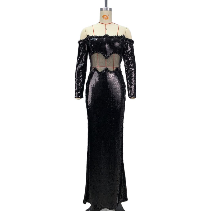 Robe de soirée asymétrique élégante en maille pailletée à épaules dénudées pour femme – Robe de soirée glamour à manches longues_voghion.com
