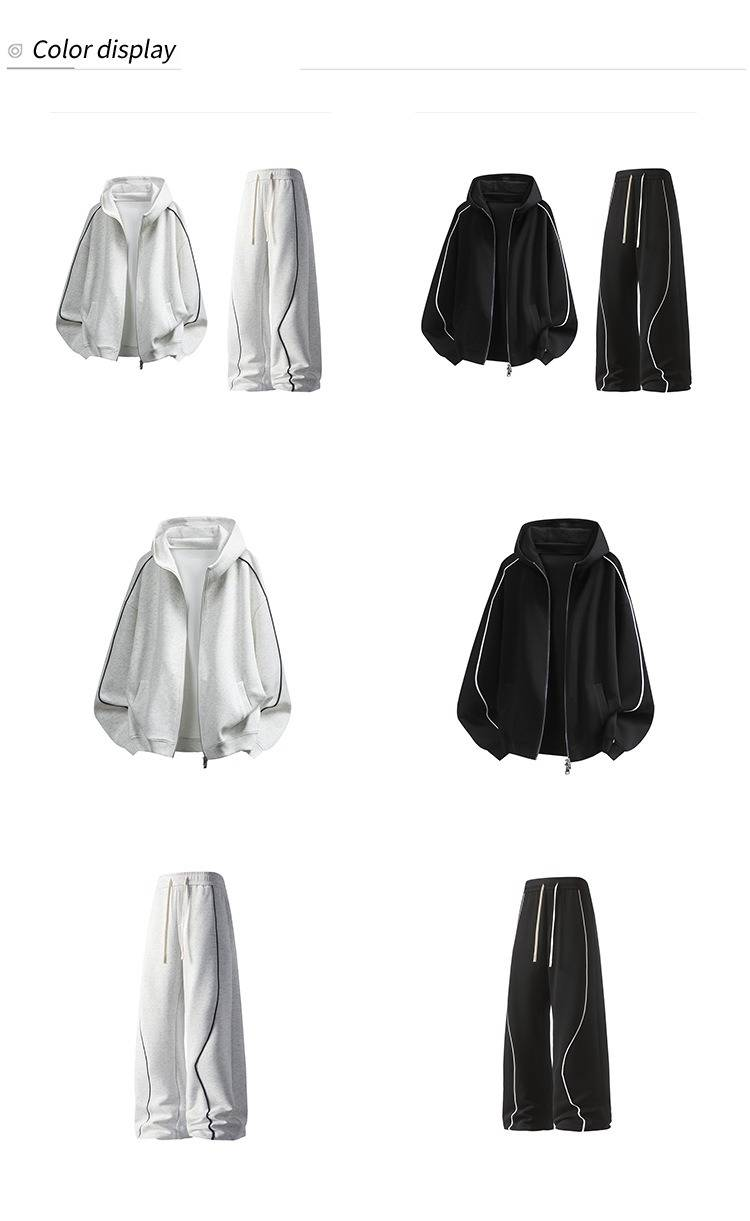 Reflective Stripe Hooded Sweatshirt & Jogger Pants Set For Men - Breathable Cotton Blend, Unisex Athletic Two-Piece Outfit (White Grey/Black, M-5XL)_voghion.com