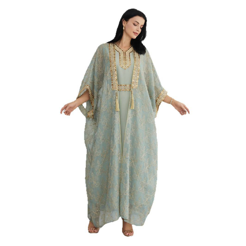 Elegantes, besticktes Abaya-Kleiderset mit Weste aus Dubai für Muslime – langärmliges Maxikleid mit Blumenspitze für Damen (Hellgrün, M/L/XL/XXL)_voghion.com