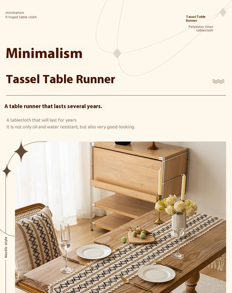 Tischläufer aus Leinen-Baumwolle – Schwarz & Beige, minimalistisches Dekor mit Quasten (33–273 cm, Streifen/Karos) für Ess- und Konsolentische_voghion.com