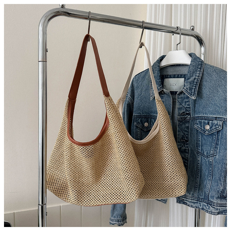 Sac tissé en herbe pour femmes, sac de loisirs de grande capacité, sac à bandoulière sous les bras occidental, nouvelle collection 2024_voghion.com