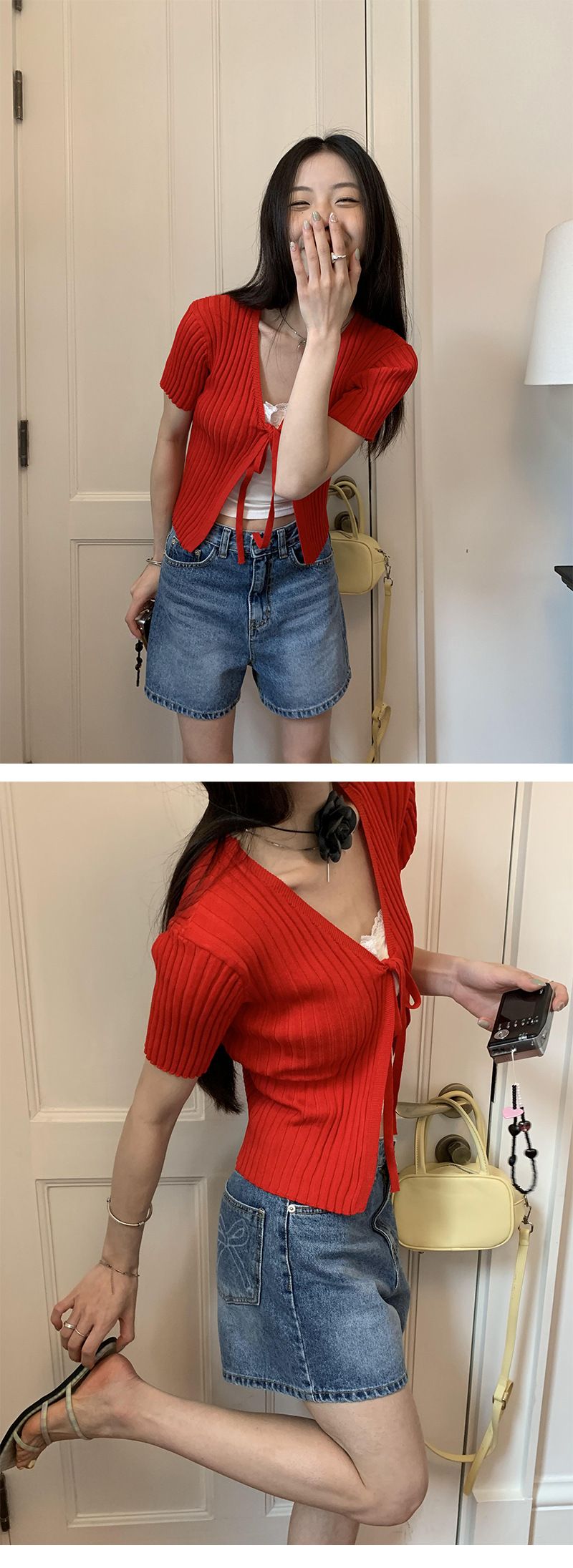 Yuyi New 2024 Summer INS Ribbed V-Neck Tie Knitted Sweater French Short Sleeve Cardigan Stretchy Top Women_voghion.com