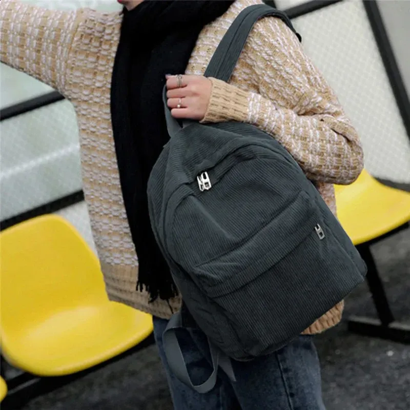 Zaino alla moda da donna in velluto a coste, tinta unita, per la scuola, per giovani, da viaggio, borsa a tracolla 250408l_voghion.com