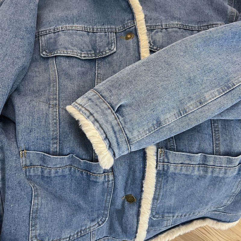 Giacca in denim in pelliccia sintetica in stile retrò - Giacche e cappotti in denim spesso foderati in pile invernale, cappotto caldo per donna (blu)_voghion.com