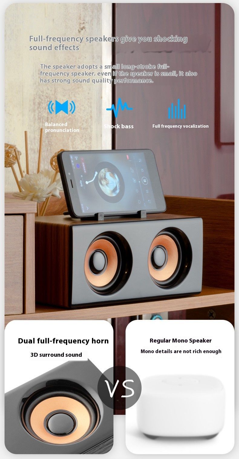 Supporto per telefono con altoparlante wireless portatile mini per computer desktop Bluetooth in legno vintage_voghion.com