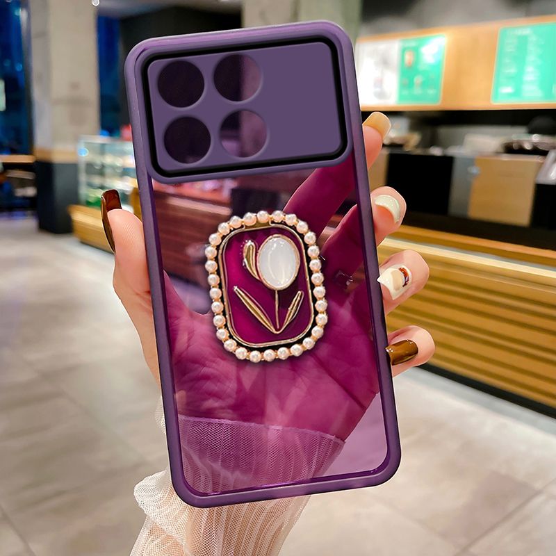 Handyhülle für Poco F6 Pro mit Ständerhalter aus Perlenblumenmuster, vollständiger Kameraschutz, transparente Softcover_voghion.com