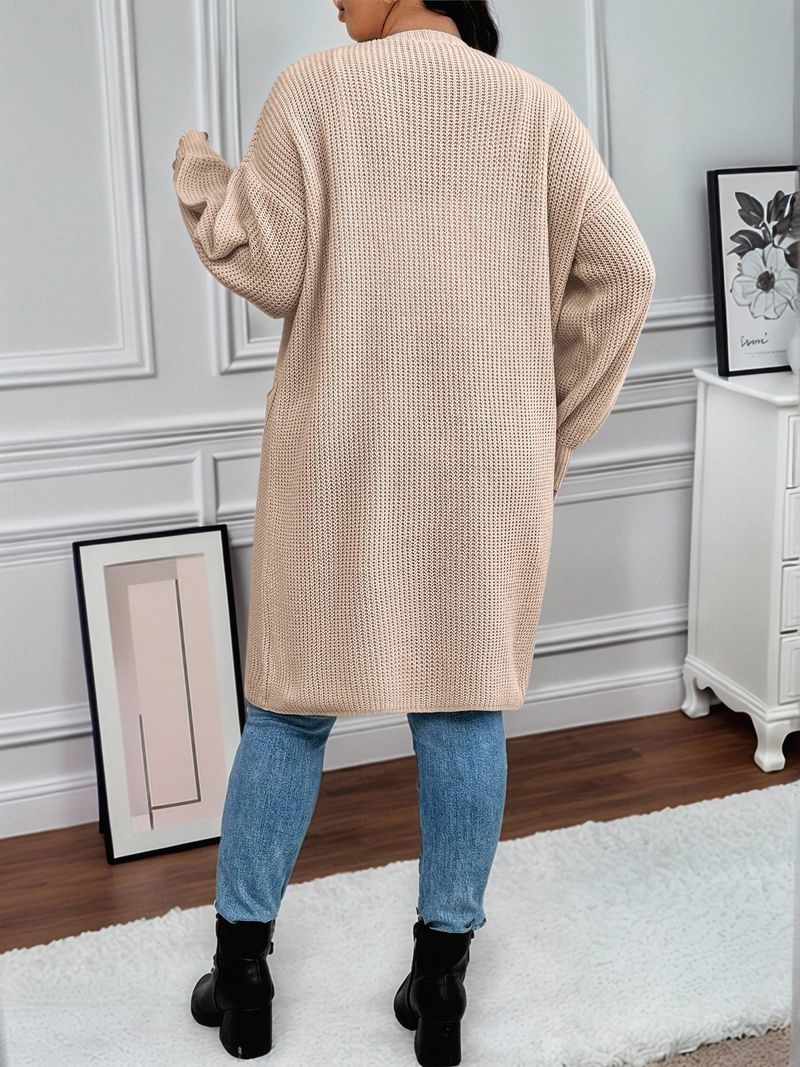 Oversized Longline Cardigan With Pockets – Relaxed V-Neck Open Front Knit Coat (Beige, Black, Brown, 0XL-3XL)_voghion.com