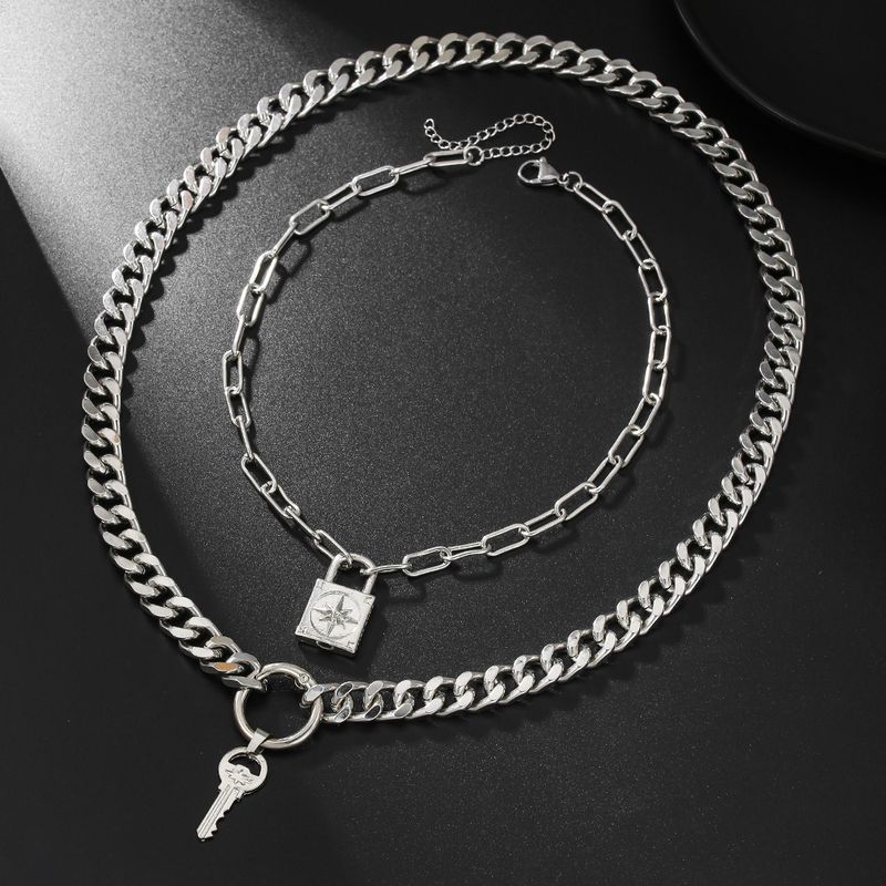 Double Layer Cuban Chain Necklace Retro Punk Lock Key Pendant Clavicle Chain Multi Layer Stacking Sweater Chain Female_voghion.com
