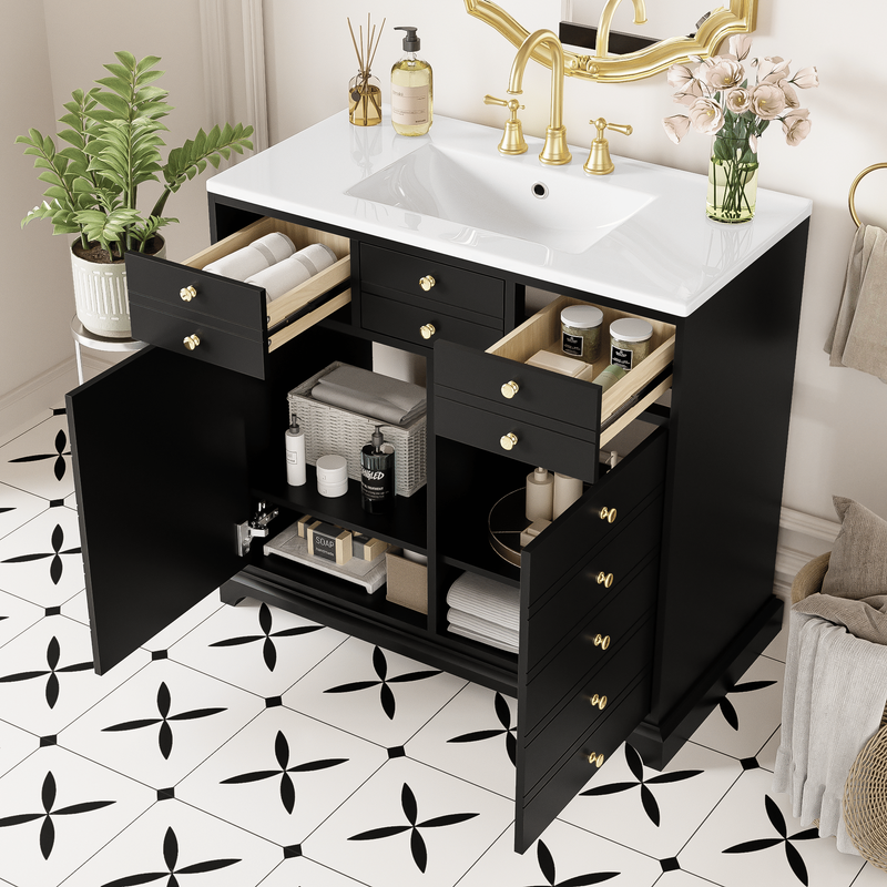 36'' Bathroom Vanity With Resin Sink Combo, Solid Wood Frame Bathroom Storage Cabinet, Freestanding Vanity Set With 2 Drawers& Soft Closing Doors, Black_voghion.com