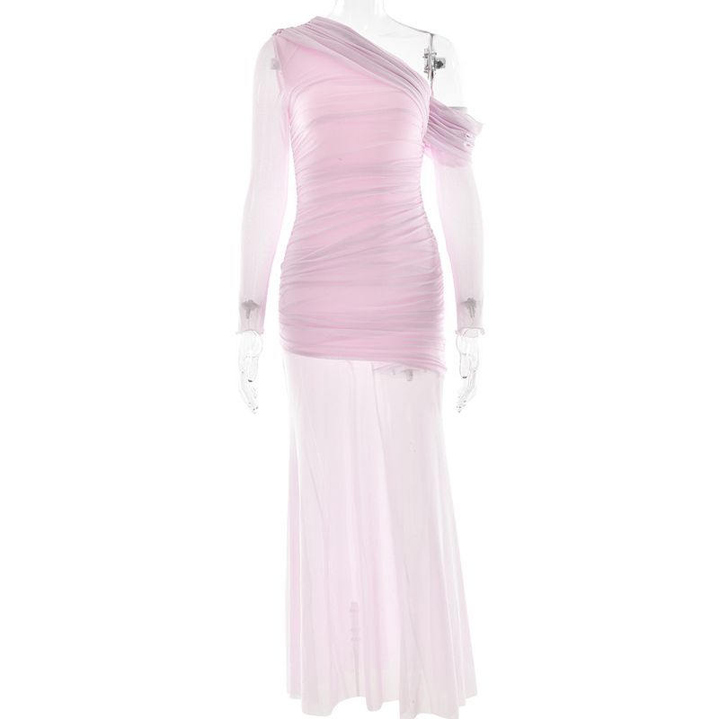 Abito lungo con volant in rete e spalle scoperte – Elegante abito aderente a maniche lunghe con pannelli trasparenti (S/M/L) – Trendy e femminile_voghion.com