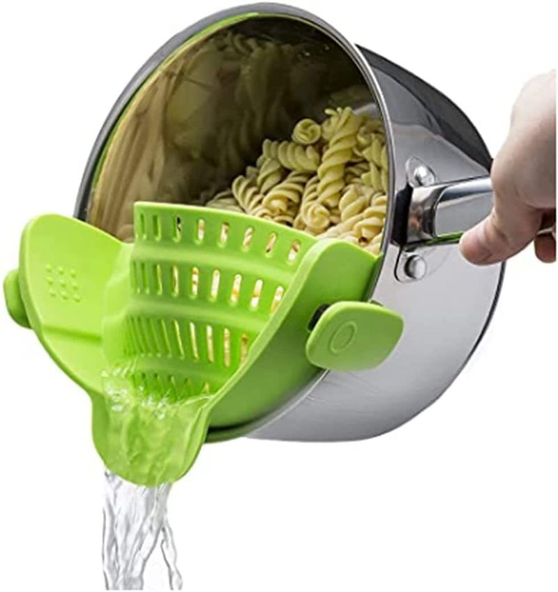 Filtro per pasta in silicone a bocca larga - Scarico laterale per pentole a clip per frutta e verdura_voghion.com