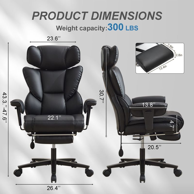 Office Chair With Foot Rest And Waist Lumber Support, Ergonomic Gaming Chair With Adjustable Height Headrest, High-Back Leather Reclining Chair For Home, Black_voghion.com