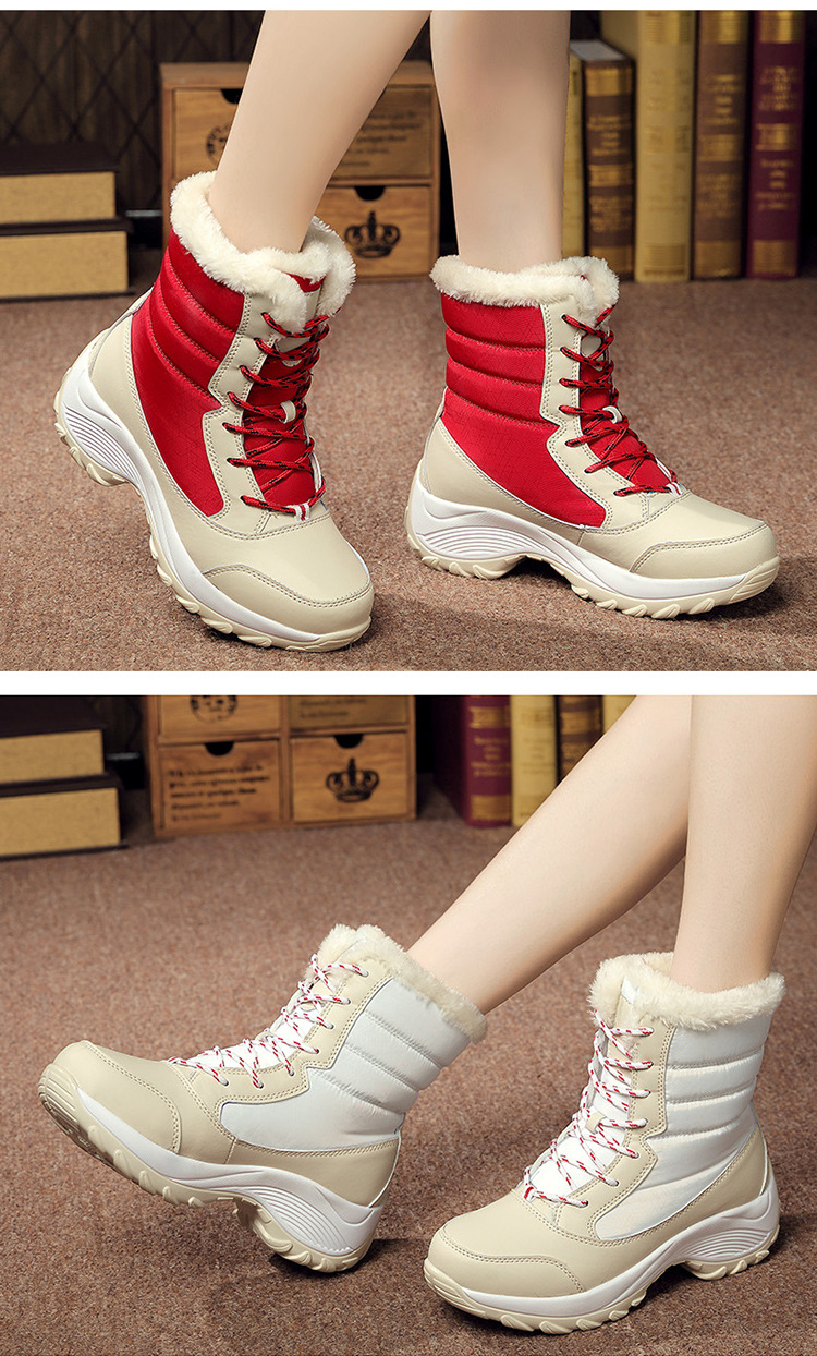 Women's Shoes Winter Snow Boots With Faux Fur Lining, Waterproof Slip-Resistant Casual Shoes, Round Toe Lace-Up Mid Heel Booties For Daily Wear_voghion.com