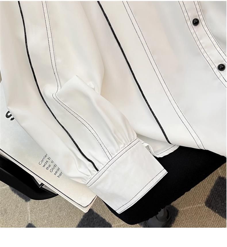 Abbigliamento da donna Primavera Camicia a maniche lunghe a contrasto a righe bianche e nere per donna Polo Collar Camicia da pendolare per temperamento_voghion.com