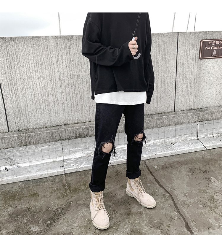Korean version of trendy high street summer black loose straight leg jeans with large holes for men's casual versatile_voghion.com