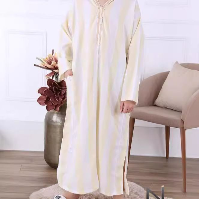 New Cotton And Linen Striped Embroidered Long Sleeved Arab Muslim Men's Hat Robe_voghion.com
