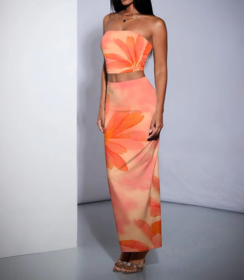 Dameskleding Mode Bloemenprint Multi Color Temperament Slim Fit Tube Top Heup Lange Rok Pak_voghion.com
